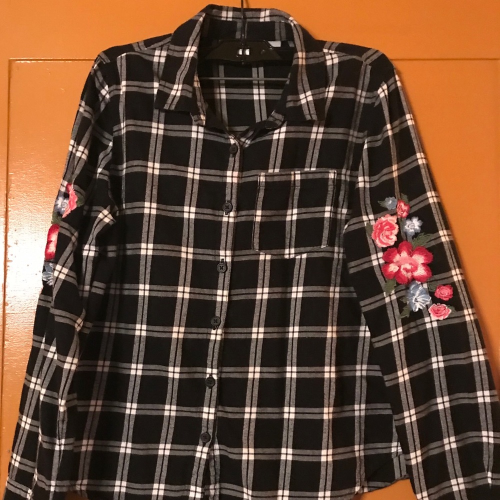 Black and White Plaid Top with Embroidery